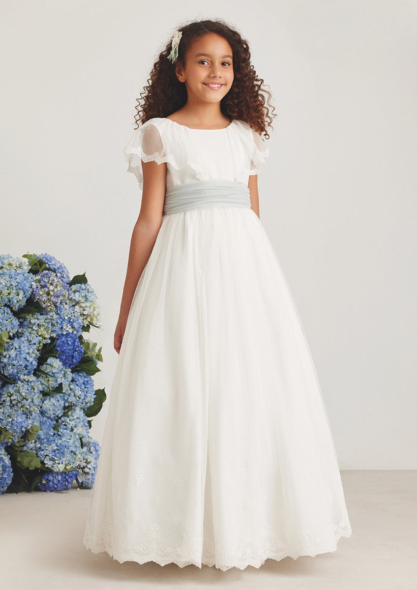 Vestido largo blanco con bordado y lazo verde agua para comunión - 587010MC - marca Amaya