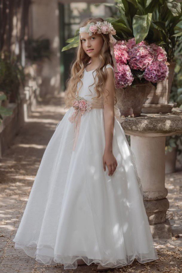 Vestido largo blanco sin manga con falda vaporosa para comunión - 135 - marca Mimilú