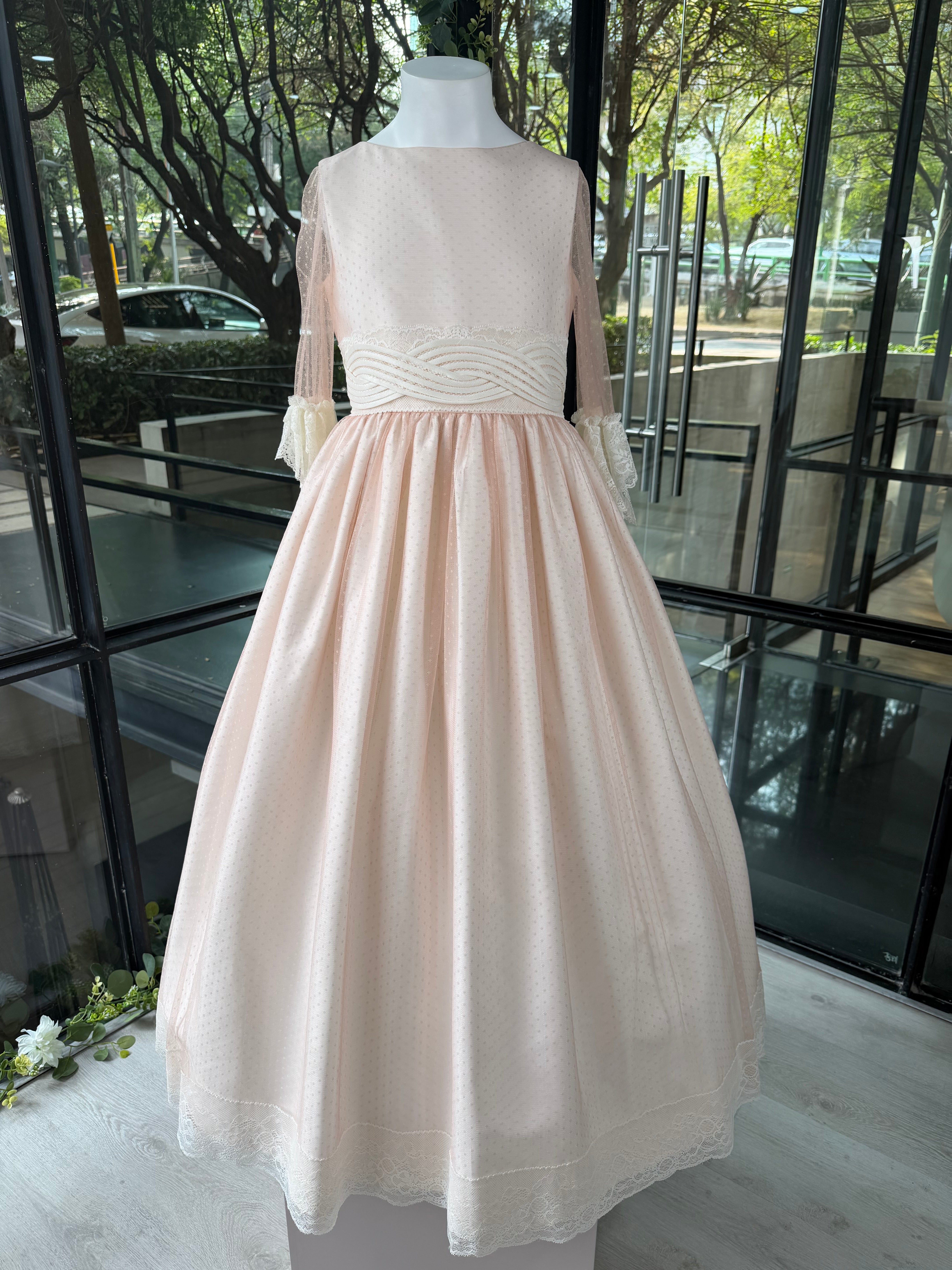 Vestido largo tono rosa tela satinada para primera comunión - L162 - marca Marla