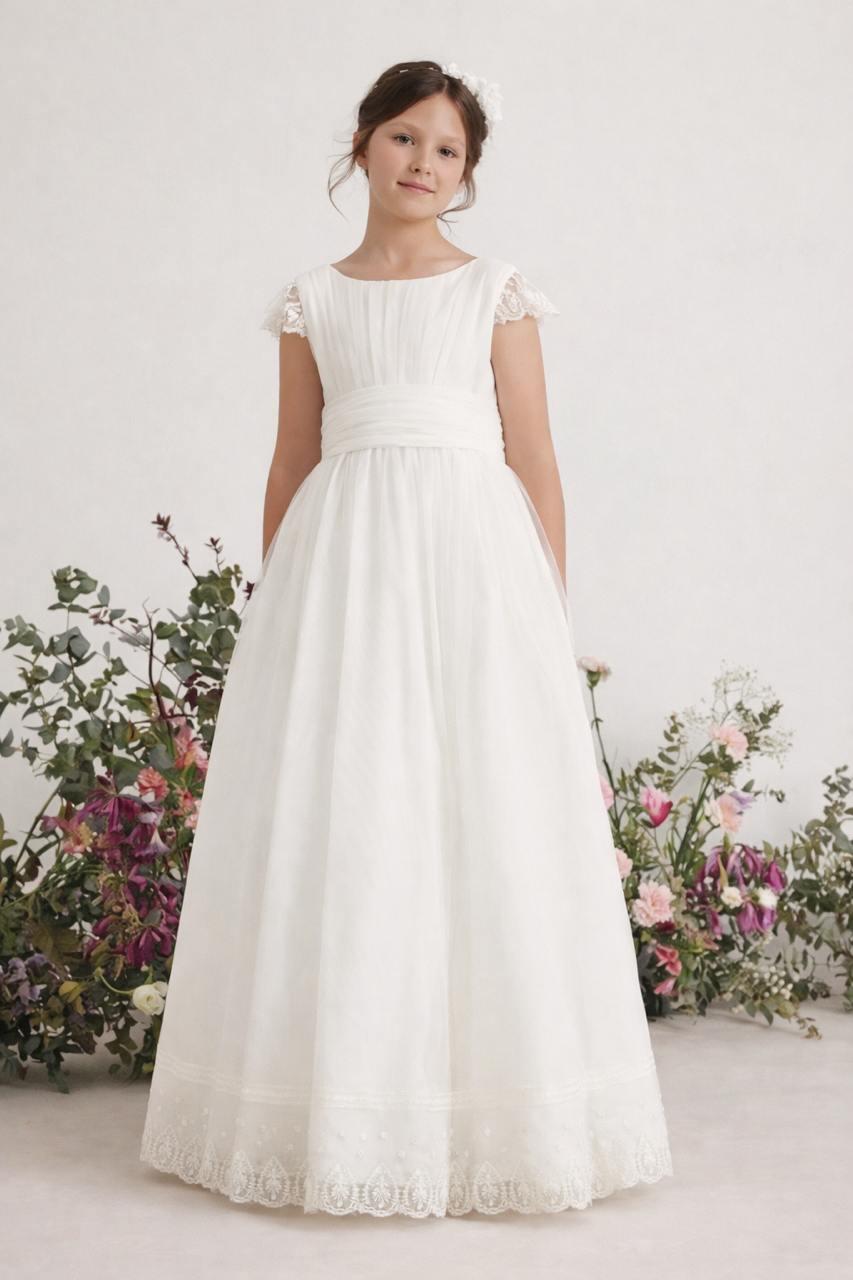 Vestido largo blanco con bordado y encaje para comunión - 587011MC - marca Amaya