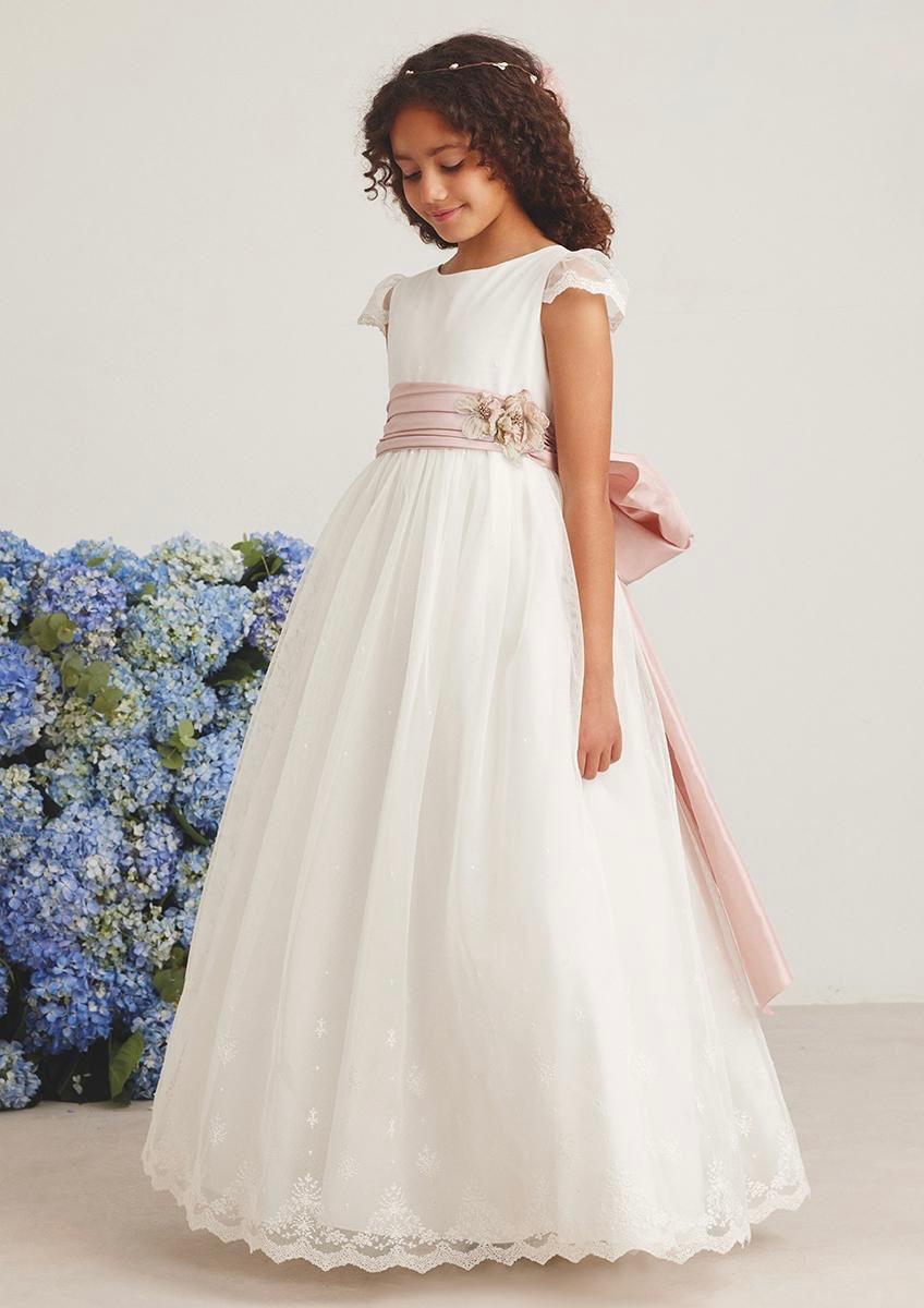Vestido largo blanco con encaje y cinturón rosa palo para comunión - 587014MC - marca Amaya