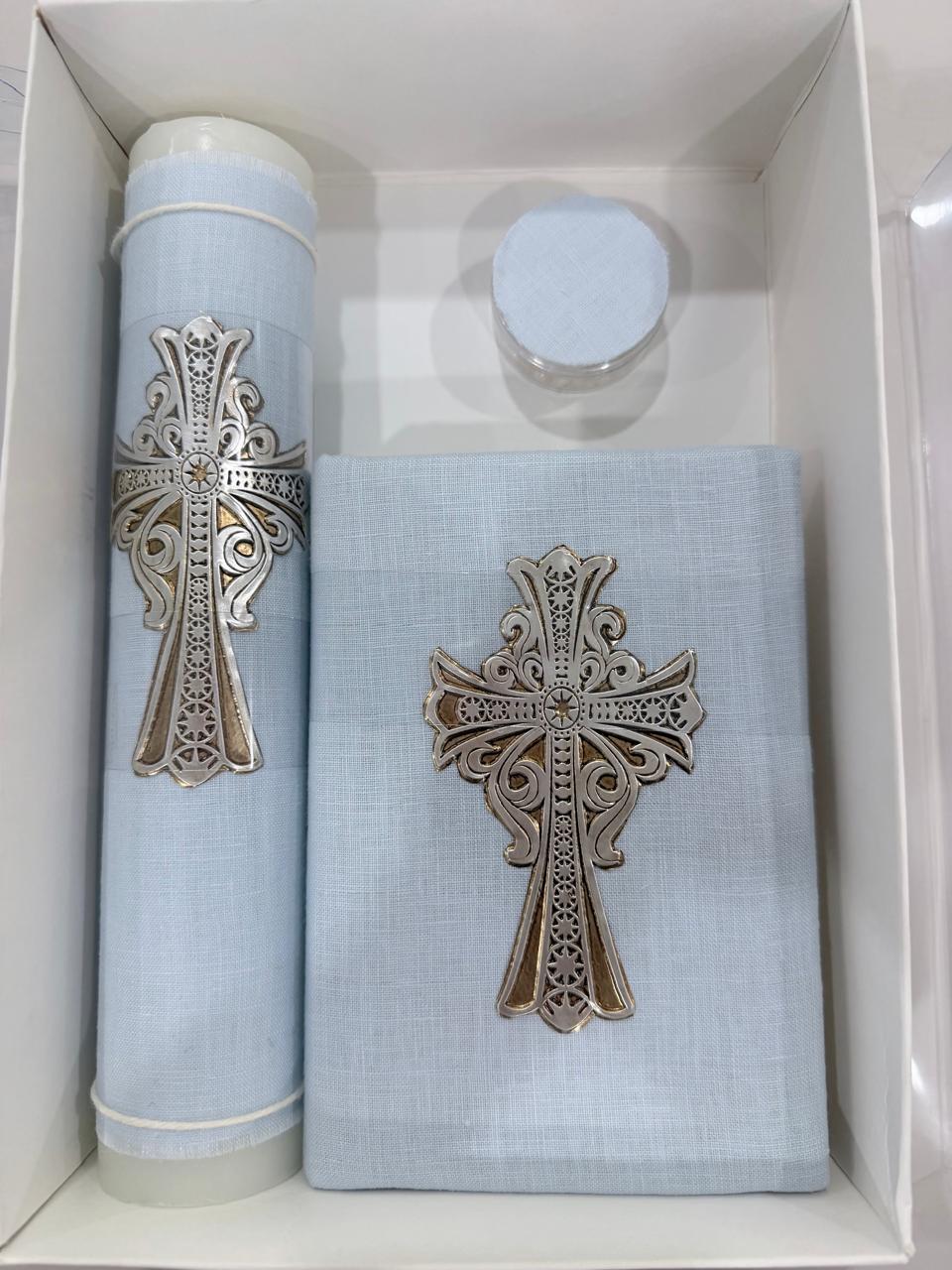 Set de vela y Biblia de Primera comunión para niños color AZUL CLARO
