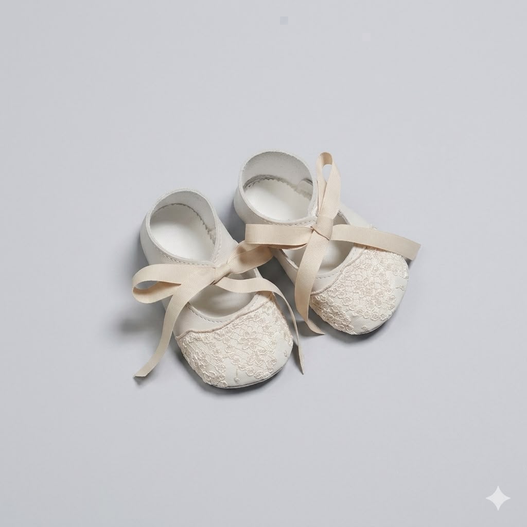 Zapatitos con cintas de satén en tono beige y encaje floral bordado para bebé - Huve- marca Amaya