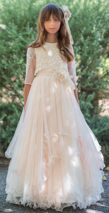 Vestido largo en tono crudo para comunión - 902 - marca Mimilú