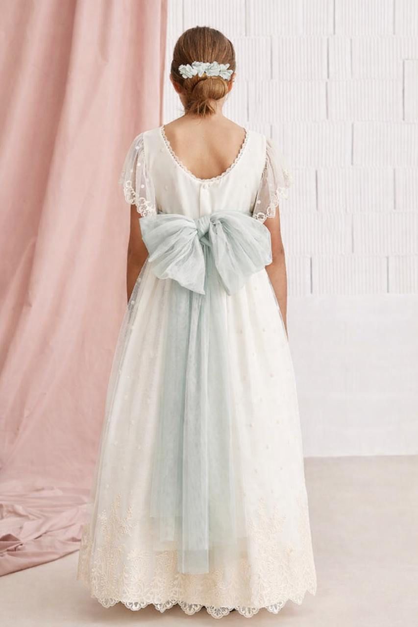 Vestido largo crudo con bordado y cinturón VERDE AGUA para comunión - 577013MC - marca Amaya