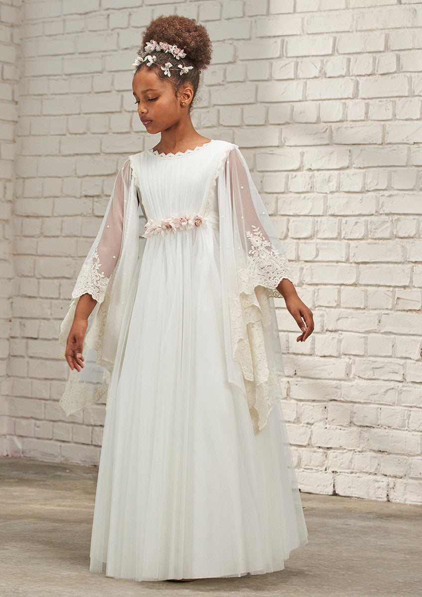 Vestido largo blanco decorado con bordados y mangas desmontables para niñas - 637008MF - marca Amaya