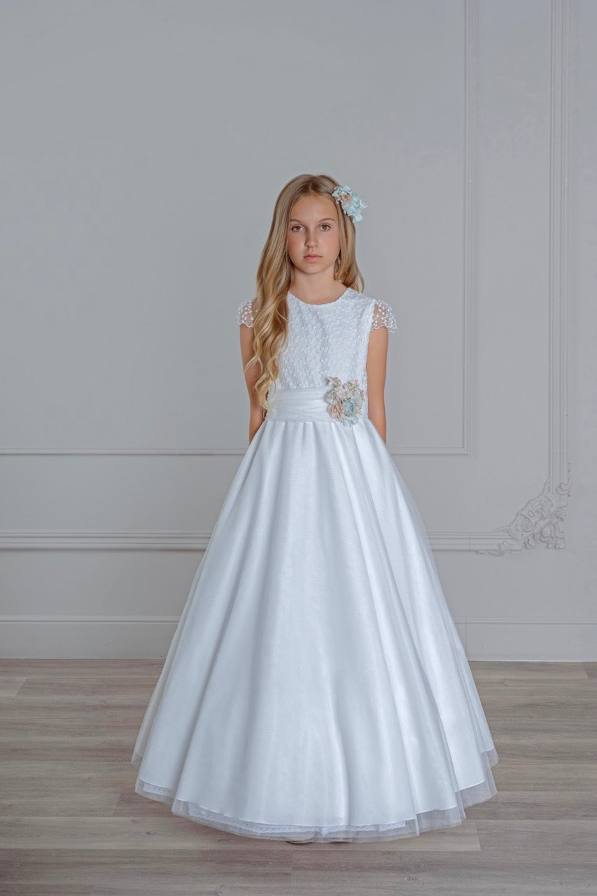 Vestido largo con manga corta de encaje y cinturón de tul color blanco para comunión niñas - 535 - marca Mimilú