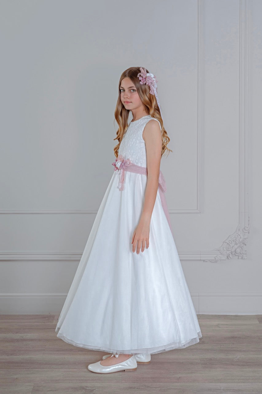 Vestido color blanco de tul con cinturón rosa clara para comunión niñas - 553 - marca Mimilú