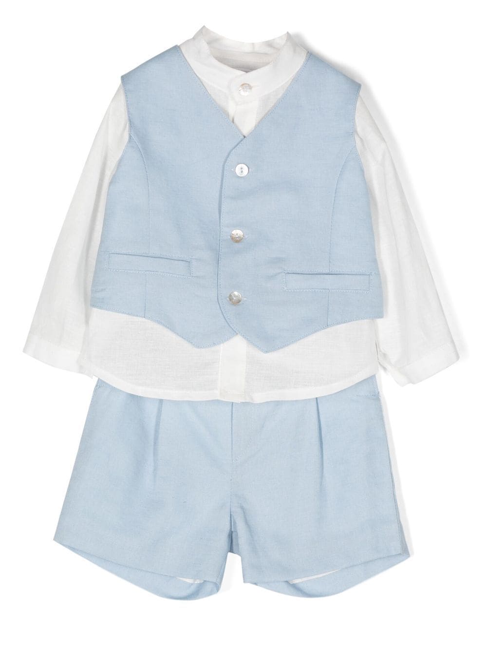Traje de lino con chaleco y pantalón corto color AZUL CLARO para niños - 590 - marca Mimilú