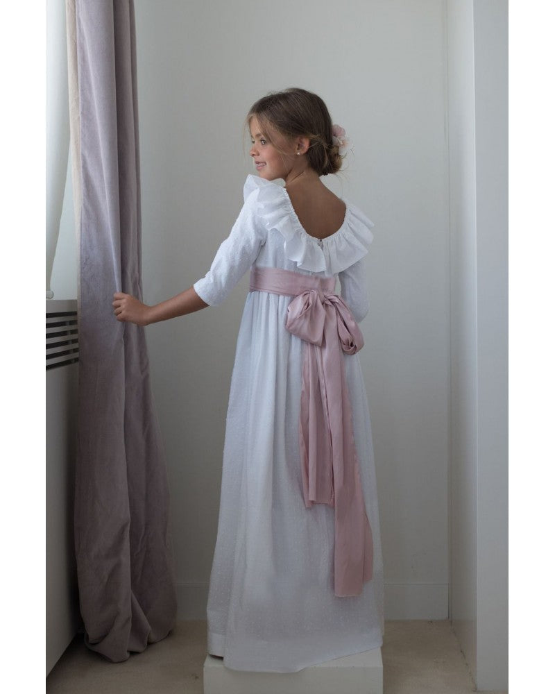 Vestido largo de comunión con manga larga Plumetti Blanco Escote Espalda - marca Petritas
