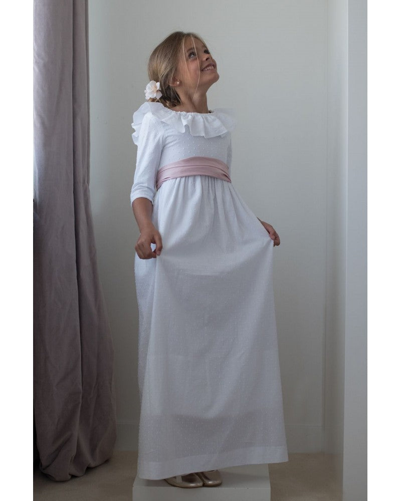 Vestido largo de comunión con manga larga Plumetti Blanco Escote Espalda - marca Petritas